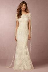 Marchesa Notte x BHLDN lace column wedding dress with cape